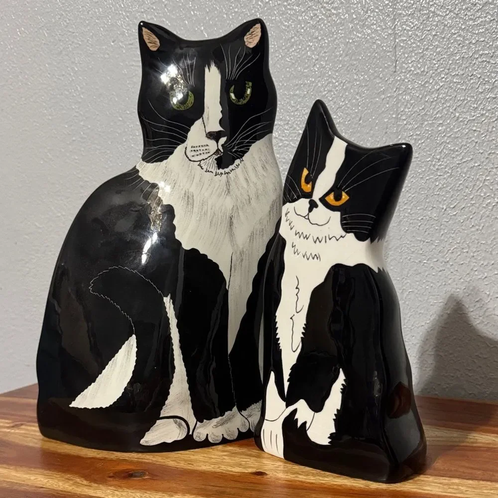 Ceramic Black White Tuxedo Cat Flower Vase by Cats By Nina Lyman Artist Decor